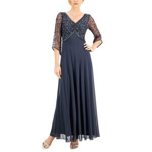 JKara Beaded Chiffon Long Sleeve A-Line Evening Gown Gray Size 8 Formal Dress